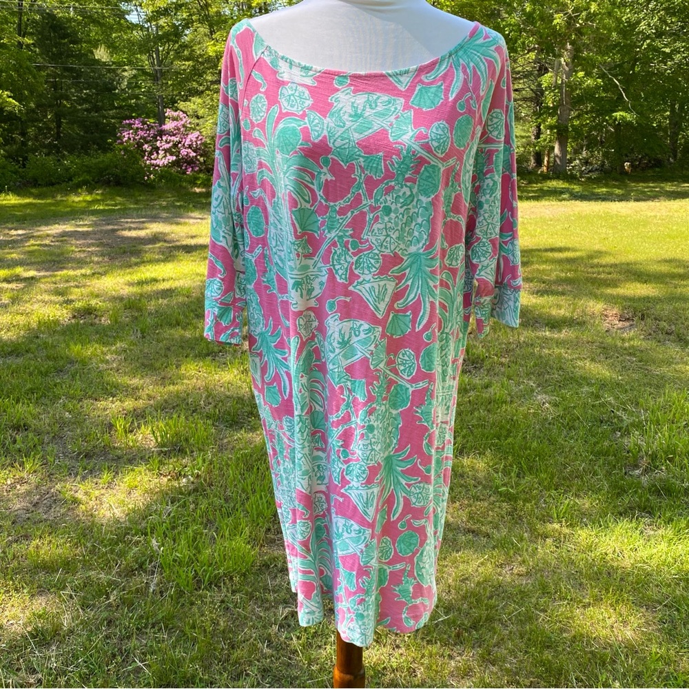LILLY PULITZER DRESS SHIFT SCORPION BOWL GREEN PINK WHITE BOAT NECK No Label XL